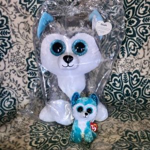 SET of 2: BIG & Small SLUSH Beanie Boo Sparkling EYES Puppies